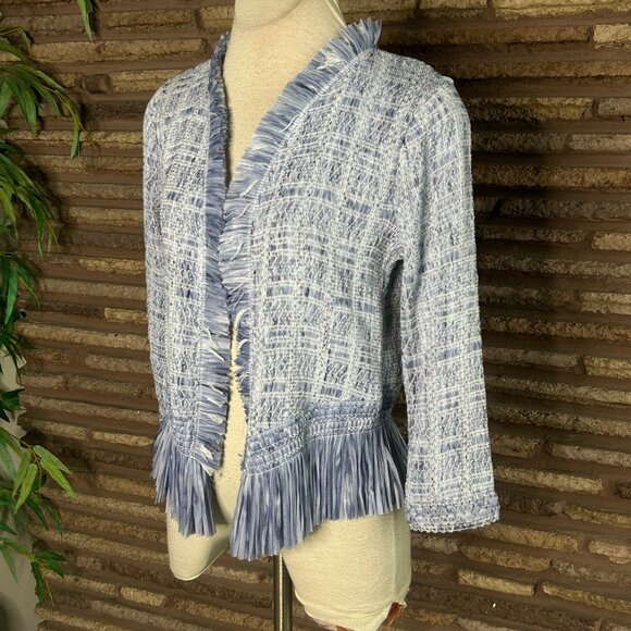 White House Black Market Blue Opal Fringe Jacket Open Drape Size Small - Picture 7 of 9